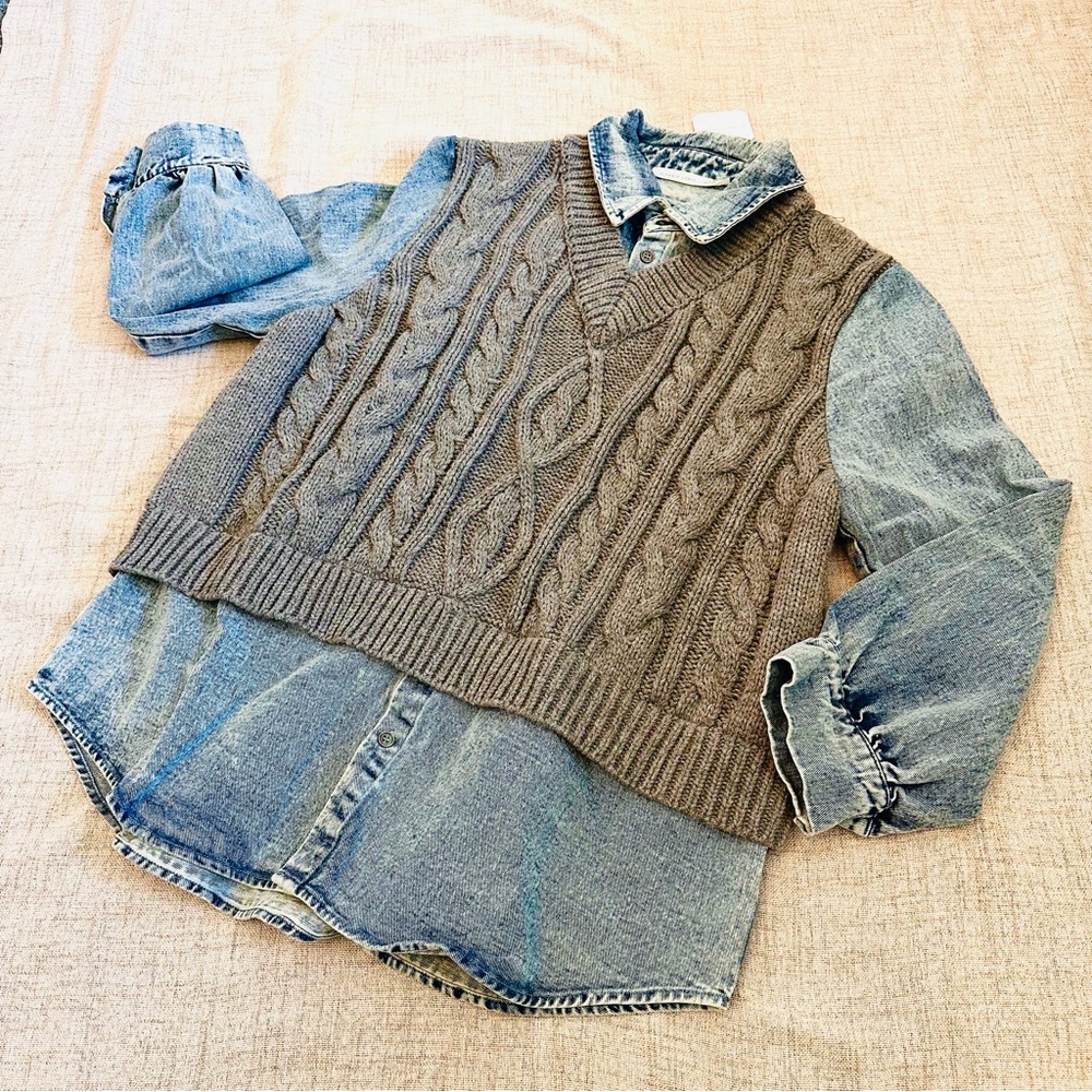 Altar'd State Denim grey knit twofer sweater